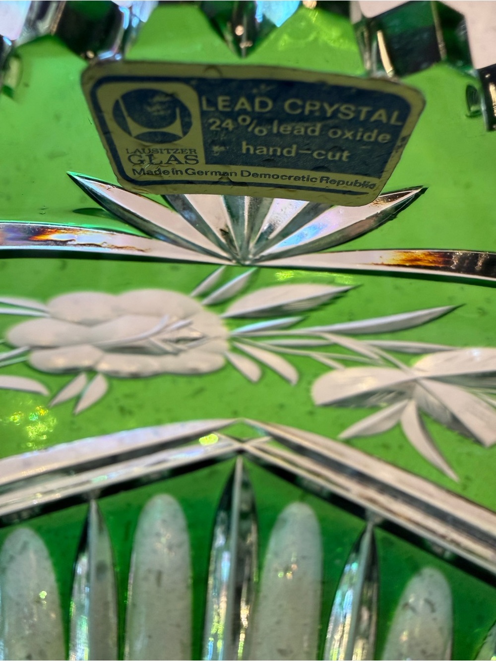 Vintage Lausitzer Glas Green Hand-Cut Lead Crystal Bowl Large Heavy - Picture 5 of 5